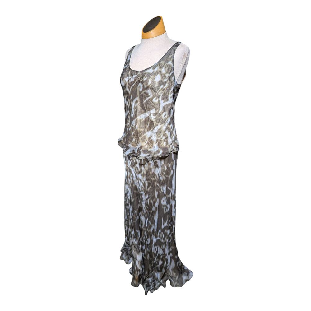 Peter Cohen 2 Pc 100% Silk Gray White Abstract Print Tank Top Skirt Set Sz S
